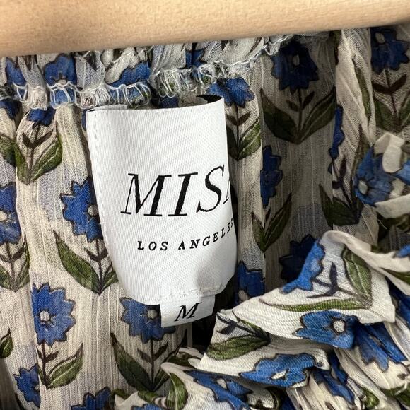 Misa Los Angeles Top Size M Blue White Blouse Ruffle Sleeves On/Off-the-Shoulder - Picture 10 of 11